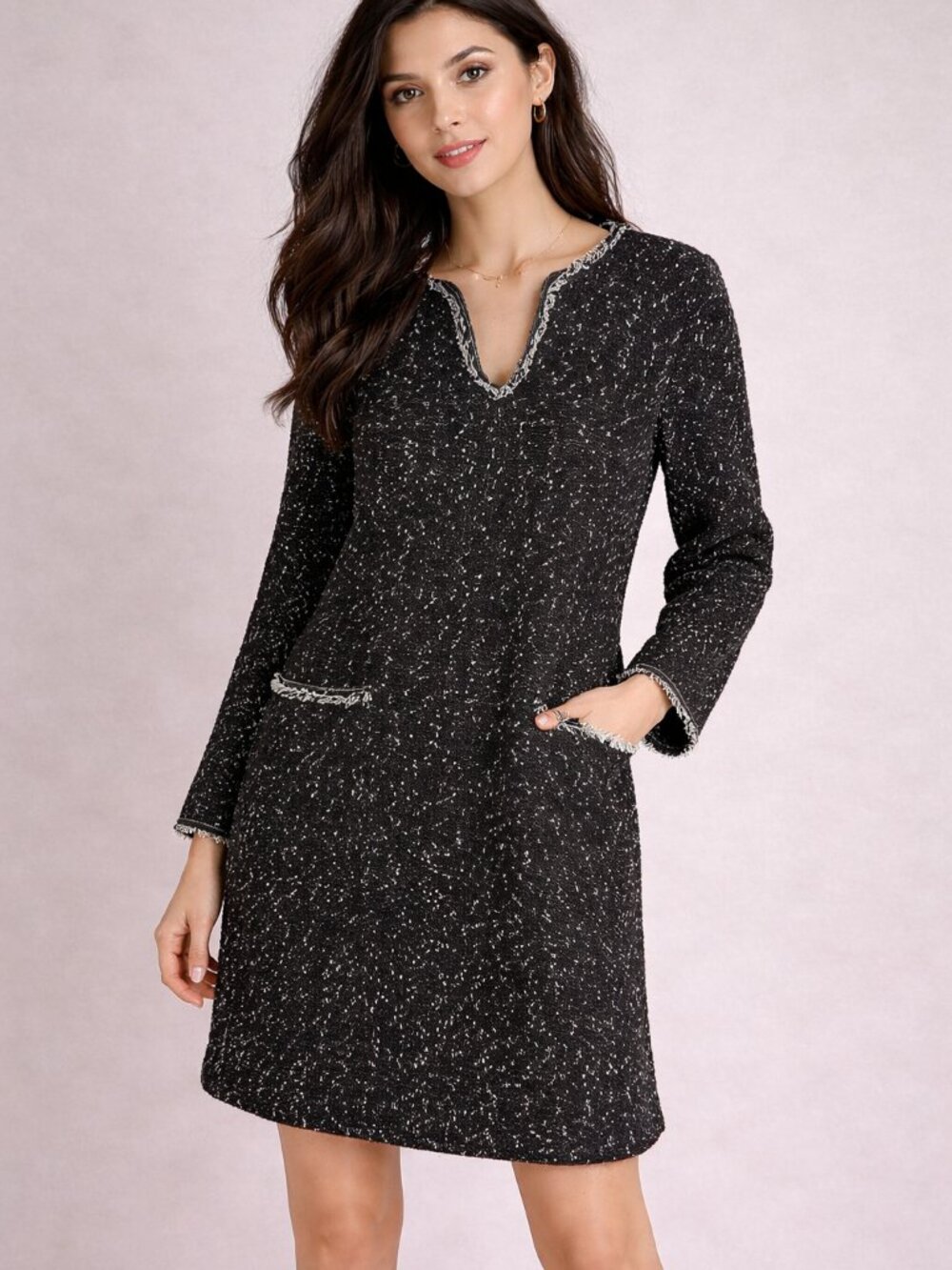 Max Studio Dress Women Medium Black White Tweed Shift Classic V-Neck Preppy